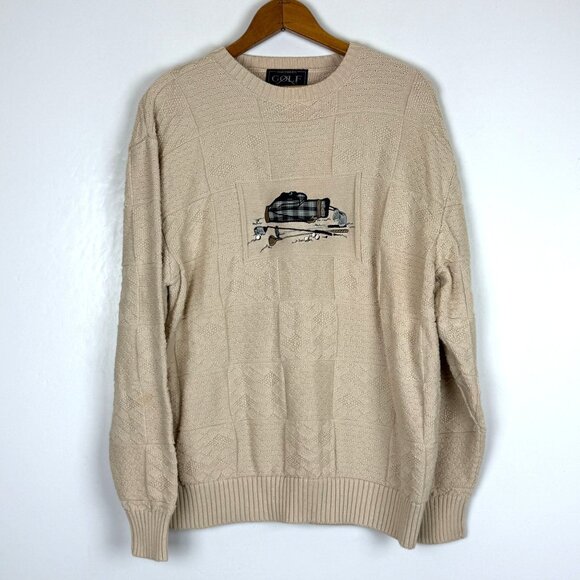 Vtg Northern Golf Elements Sweater Sz Large Beige Textured Knit Plaid Golf Bag - Picture 1 of 7